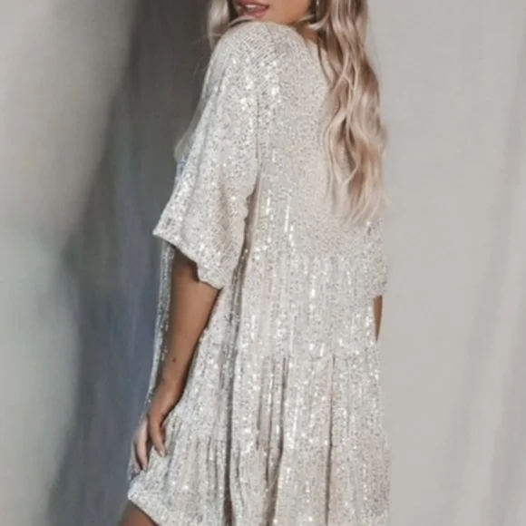 Amazing Lace My Queen Sequin Babydoll Dress in Champagne - Picture 2 of 8